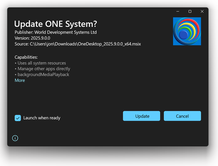ONE update dialog
