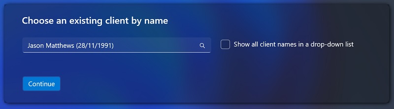 ONE selecting a client - confirmation