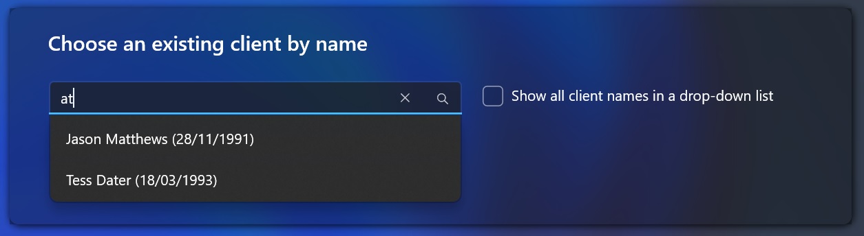 ONE selecting a client by partially typing a name