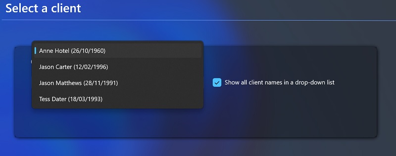 ONE client selection, selection list open