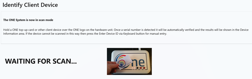 ONE Identify Client Device panel – waiting for scan